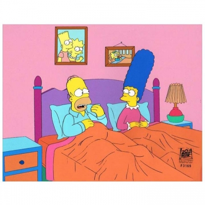 Homer Simpson looking worried in bed with Marge 
