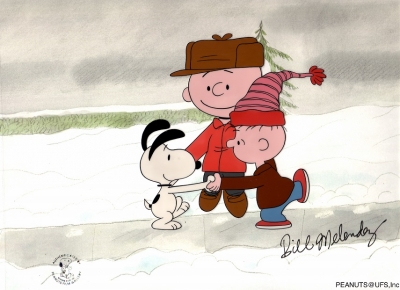 Snoopy, Charlie Brown and Linus dancing around