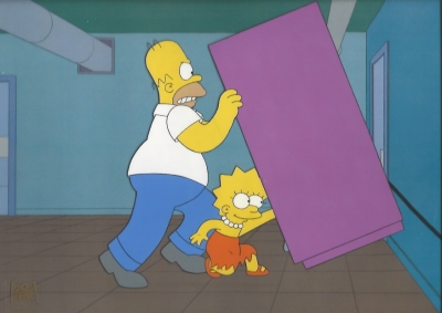 Homer Simpson and Lisa shake the vending machine