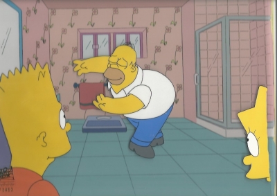 Homer Simpson, Lisa Simpson and Bart Simpson in the bathroom
