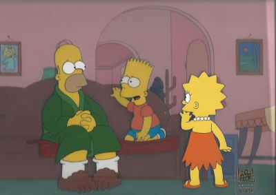 Homer Simpson with Bart and Lisa on the couch