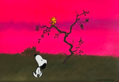Snoopy and Woodstock in a tree
