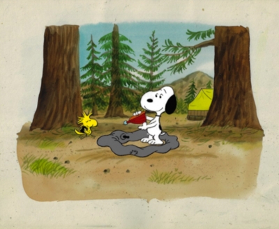 Snoopy and Woodstock in woods