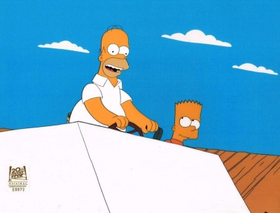 Homer Simpson and Bart Simpson on cart