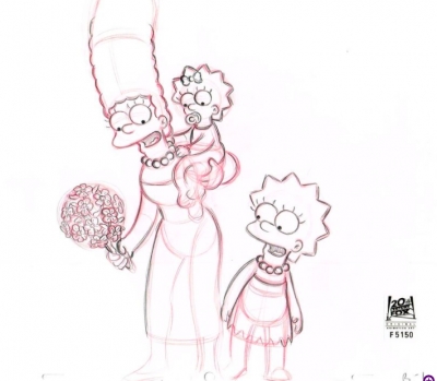 Marge Simpson, Lisa and Maggie with flowers