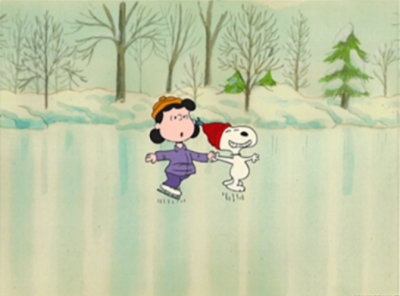 Lucy and Snoopy skate holding hands