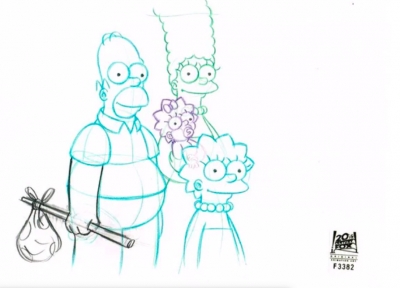 Homer Simpson standing with Marge, Lisa and Maggie Simpson