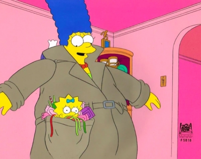 Marge Simpson and Maggie with stuffed candy coat 