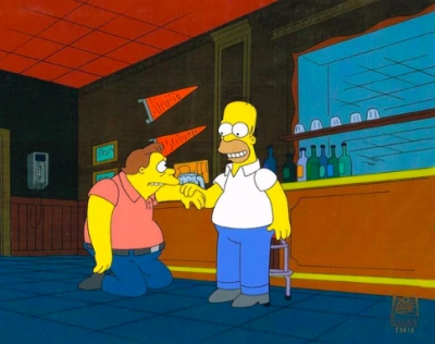 Homer Simpson and Barney kneel