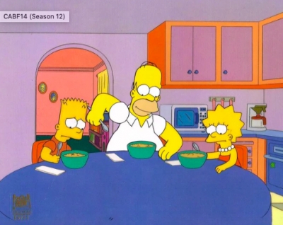 Homer Simpson with Bart and Lisa in kitchen