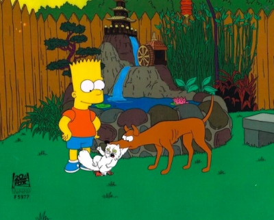 Bart Simpsons with Santa's Little Helper and cat