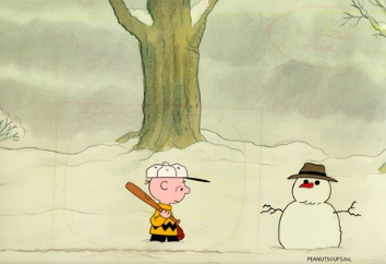 Charlie Brown baseball with snowman