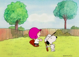 Snoopy and Leland playing ball